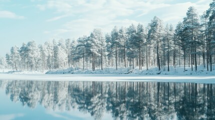 A winter landscape featuring snow covered trees reflected in water
