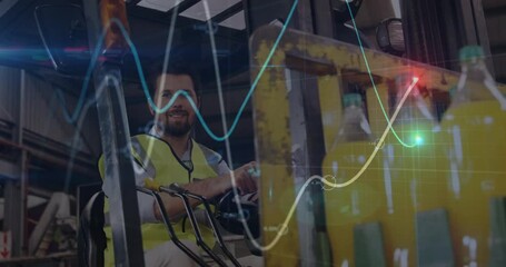 Operating forklift in warehouse, worker with colorful data animation overlay - Powered by Adobe