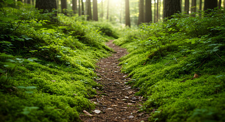 Obraz premium Walking Along Forest Path Through Green Moss and Tall Trees