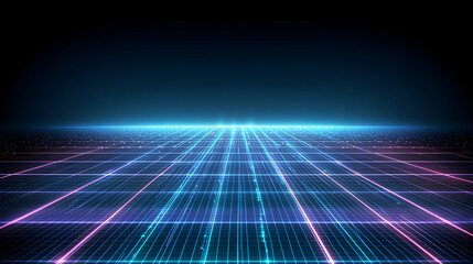 Futuristic digital pathway.  Abstract, glowing grid network, with vibrant,  neon-colored lines and points extending into the distance.  A sense of progress and technology