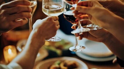 Group of people holds glasses with wine or champagne and clinks. Close-up video of many people clinking glasses with different drinks, live style video, focus on glasses. Cheers and toast - Powered by Adobe