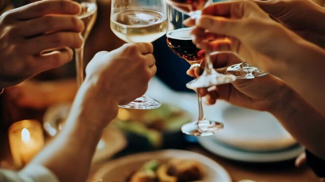 Group of people holds glasses with wine or champagne and clinks. Close-up video of many people clinking glasses with different drinks, live style video, focus on glasses. Cheers and toast