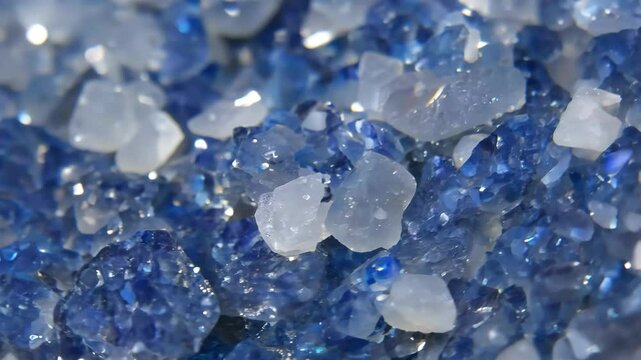 Close-up of sparkling blue and white Sodalite crystals, showcasing their intricate shapes and textures. The crystals reflect light, creating a shimmering effect mineral pattern texture macro.