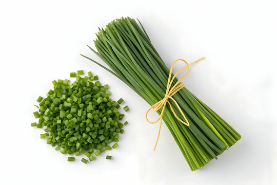 Fresh green cebollin bundle tied with a yellow string on white background