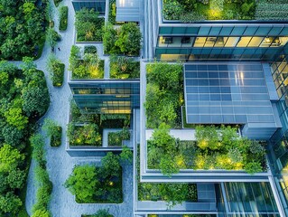  Aerial view of eco office campus with glass buildings, rooftop gardens, solar panels, and walkways show innovation and green harmony in modern workspace.