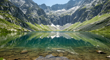 Fototapeta premium Reflecting Lake Scene Surrounded by Rugged Mountain Peaks