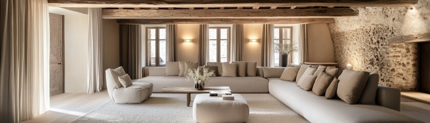 A spacious living room featuring comfortable furniture and rustic design