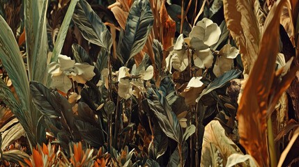 Lush foliage, muted tones, tropical garden