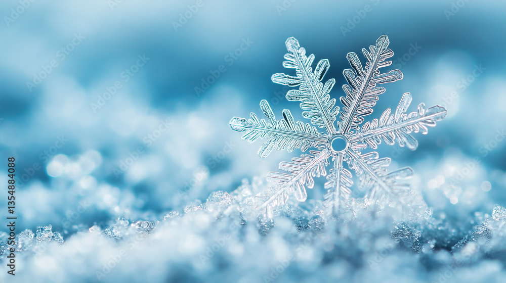 Poster a detailed snowflake resting on sparkling snow with a soft blue winter background.