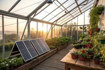 Greenhouse with Solar Panels - Sustainable Gardening at Sunrise