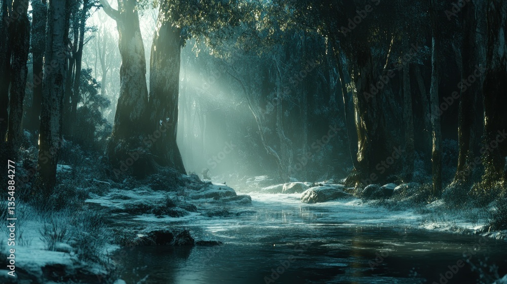 Poster sunlight filters through trees in a cold and frozen forest
