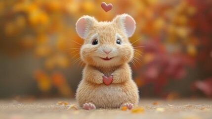 Cute cartoon mouse holding hearts in autumnal park