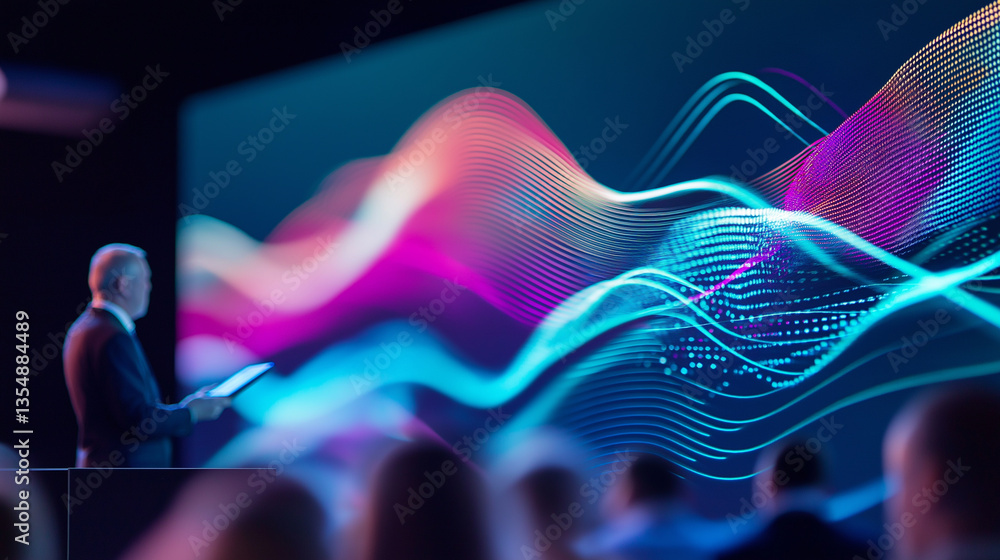 Poster a speaker presenting to an audience with abstract digital waves and data graphics in the background.