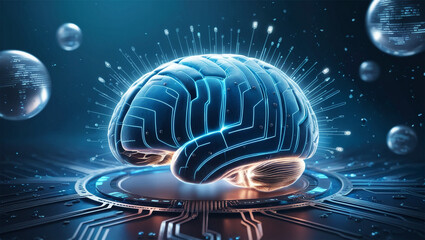 Obraz premium A conceptual illustration of a digital brain made of glowing circuits, surrounded by floating data particles, deep blue and silver tones, sci-fi atmosphere, ultra-realistic textures