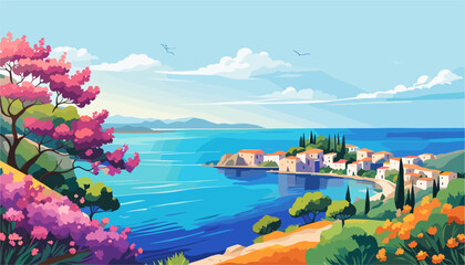 A beautiful landscape of a beach with a house in the distance. The sky is blue and the water is calm