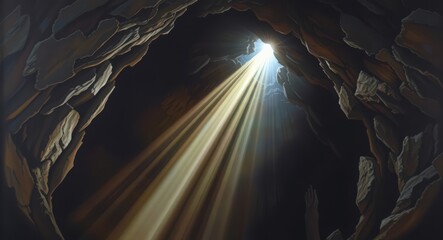Light in the dark, Divine like light sunbeam coming to dark cave giving hope