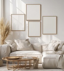 Cozy living room with neutral tones, four empty frames, and pampas grass.