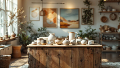 Fototapeta premium Sunlit artisan pottery collection displayed on a rustic wooden table in a warm, inviting studio, showcasing handcrafted elegance and earthy tones.