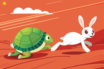 A determined cartoon turtle sprints, neck outstretched, against a smug, surprised rabbit in a classic race; vibrant colors, comedic expression.
