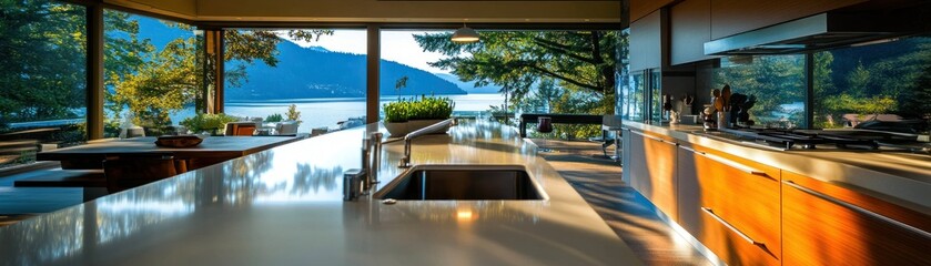 Fototapeta premium A Modern Kitchen With Open Views of Natural Landscape
