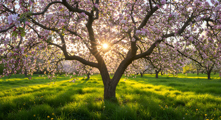 Fototapeta premium Blooming Tree with Pink Flowers and Sunlight Shining Through Branches