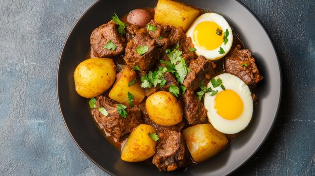 Delicious serving of Libyan bazin featuring tender lamb stew with eggs and potatoes, garnished with fresh herbs in a warm, inviting setting
