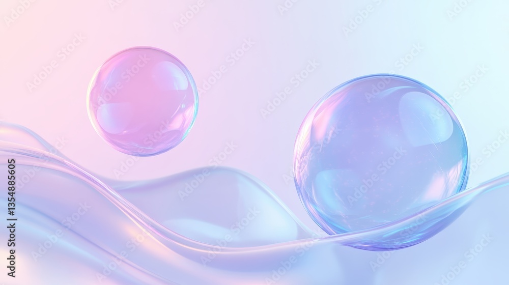 Poster iridescent soap bubbles hovering above soft hued wavy surface, reflecting light with translucent, de