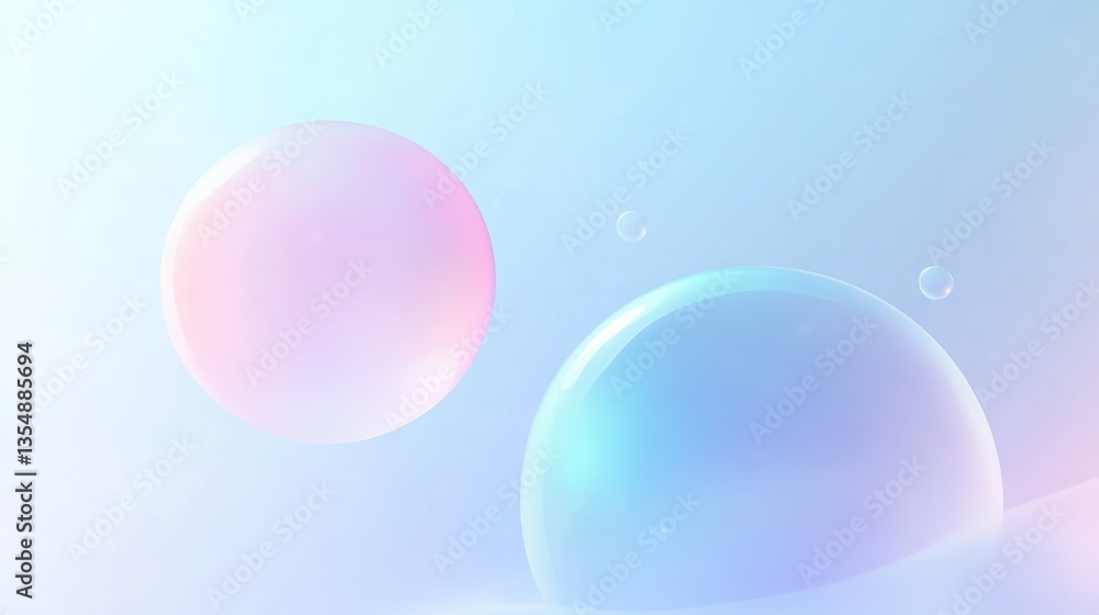 Poster pastel pink and blue translucent bubbles floating softly over gradient background, creating dreamy, 
