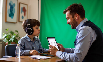 A psychologist diagnoses autism in a child using a tablet in a comfortable environment