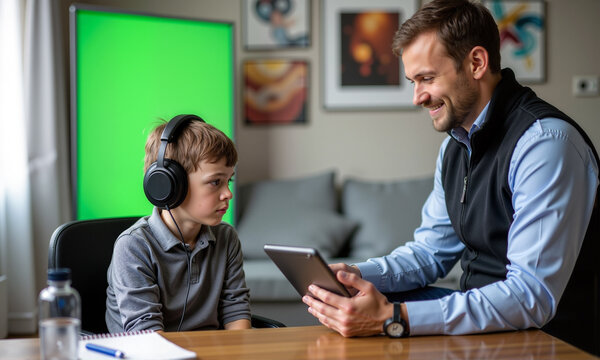 A psychologist diagnoses autism in a child using a tablet in a comfortable environment
