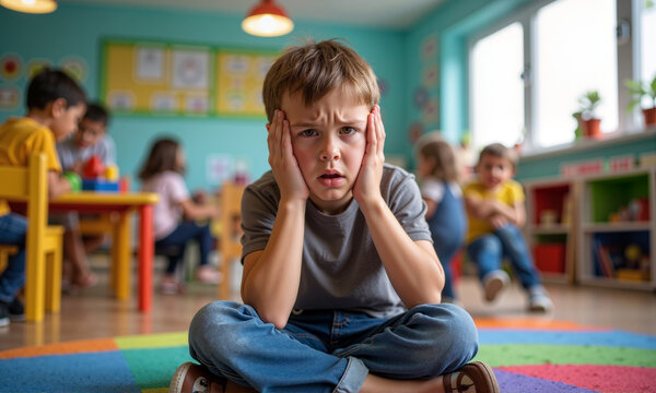 A child with autism is sitting on the floor in kindergarten, having difficulty adapting