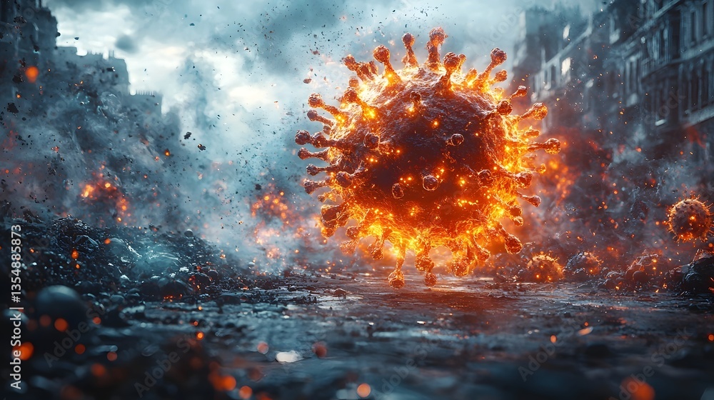 Poster explosive collision of a virus particle with an antibody attack