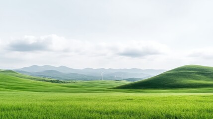 Fototapeta premium Vast, green field stretches to a horizon dotted with rolling hills and distant mountains, with wind turbines subtly visible in the middle ground. 