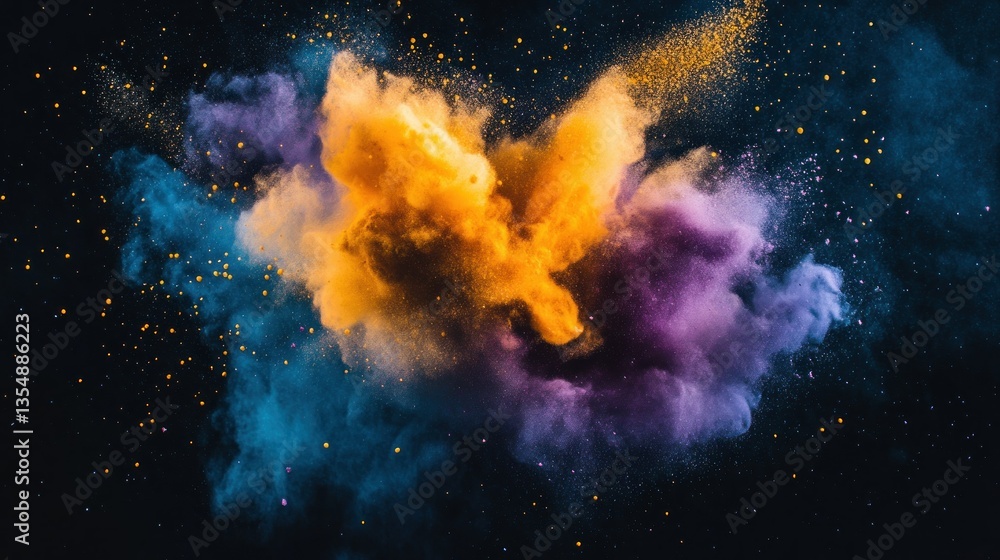 Poster colorful clouds of powdered substances float against a dark background