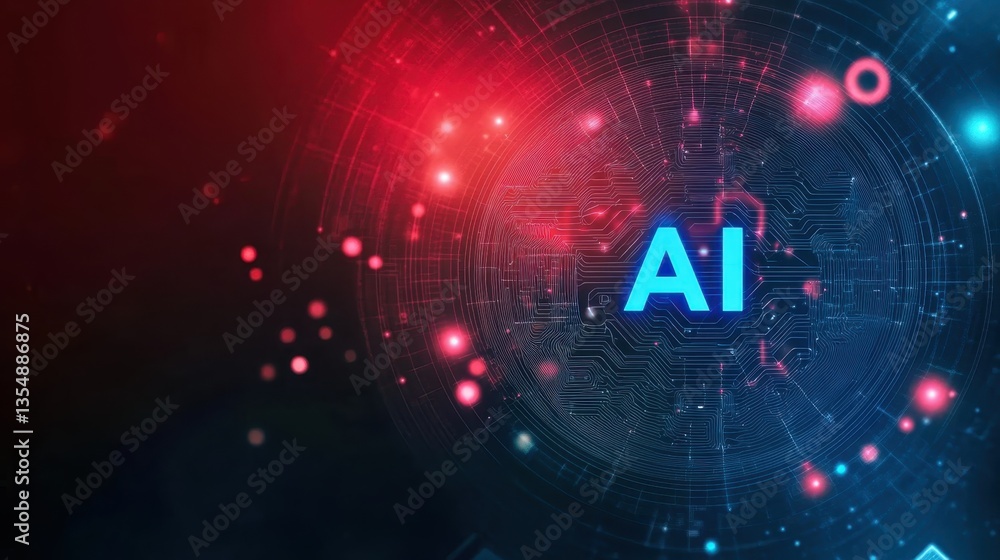 Aufkleber glowing ai symbol rising from intricate circuit board, pulsing red and blue lights highlighting tech