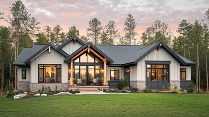 A modern stylish house with extensive glass windows and a yard