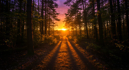 Fototapeta premium Forest Path at Sunset with Vibrant Sky and Long Shadow