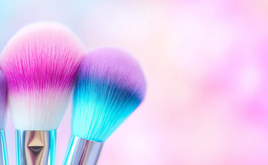 Colorful makeup brushes with soft bristles on a vibrant pink and purple bokeh background.
