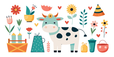This adorable collection of hand-drawn vector cows is perfect for nursery decoration, featuring vibrant and colorful designs.
