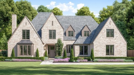 Elegant two story residential home with beautiful landscaping outdoors