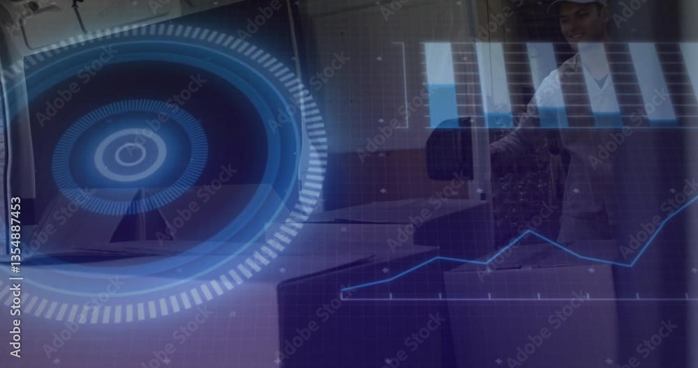 Poster animation of futuristic data visualization with blue graphs in digital interface