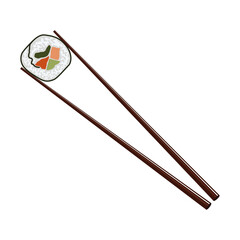 sushi in chopsticks, Fresh traditional japanese sushi between chopsticks. © shasini