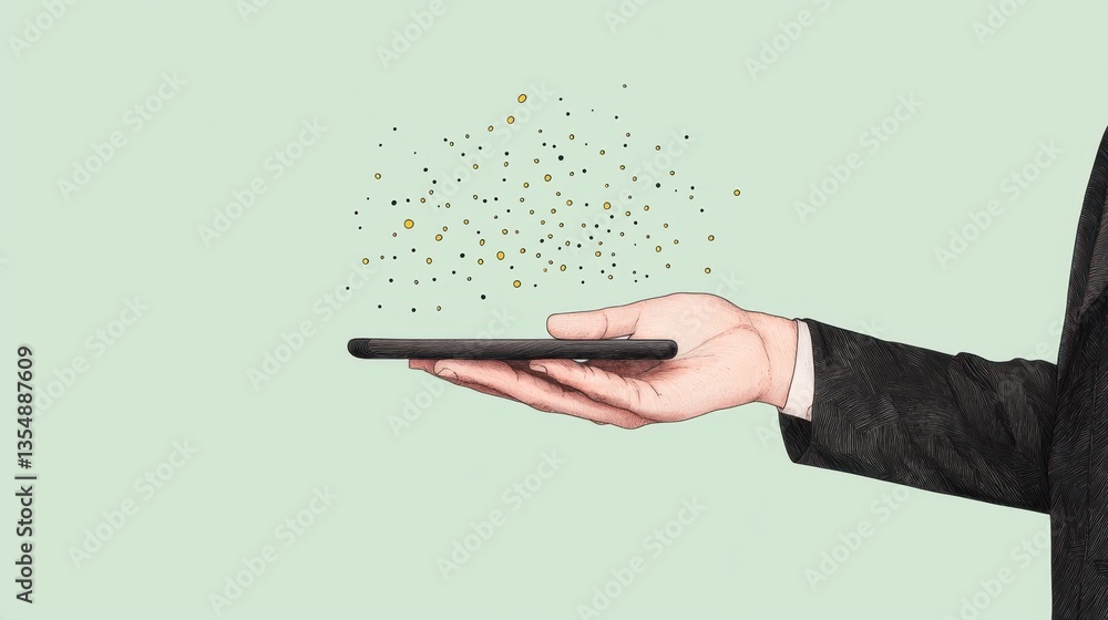 Poster hand holding tablet with digital particles floating above it