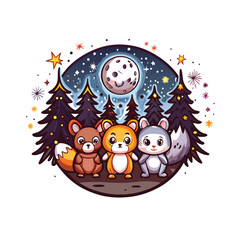 Create a charming cartoon illustration of adorable animals frolicking in a sun-drenched meadow, showcasing their playful interactions.