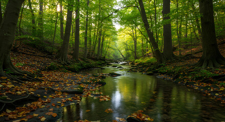 Obraz premium Stream Flowing Through Lush Green Forest with Scattered Autumn Leaves