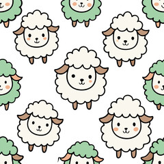 A charming seamless pattern featuring hand-drawn kawaii sheep in vibrant colors.
