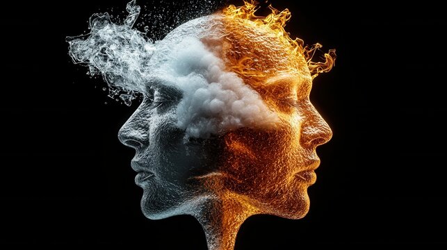 Two faces with one being a cloud and the other being fire