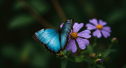 Blue Butterfly Resting on Purple Flower with Water Droplets