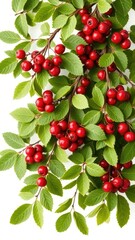 Softly falling cranberry berries amidst lush green leaves on a pristine white background, fall leaves, autumn leaves, berries