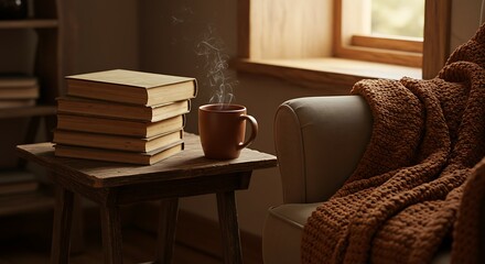 A warm and cozy café setting with a steaming cup of coffee, a vintage notebook, and soft fairy lights in the background, evoking a relaxing mood